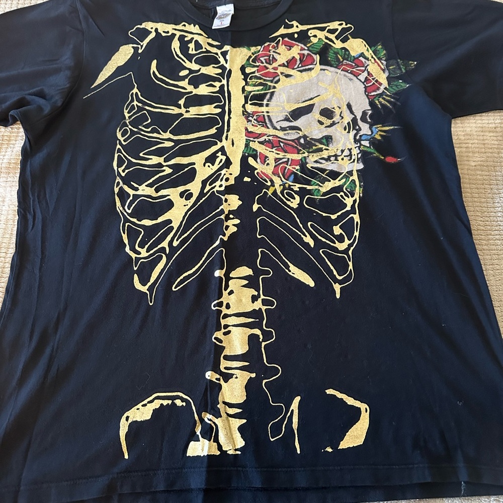 Ed Hardy Black and Gold Short Sleeve Tee with Bold Skeleton Design